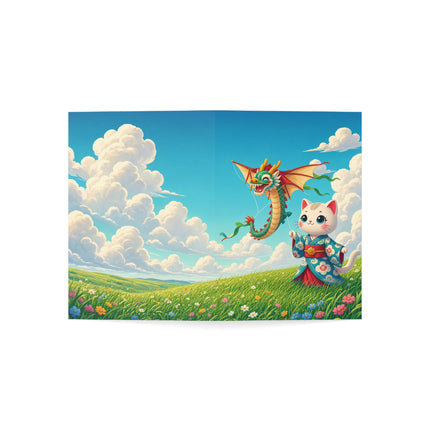 🐉🌼 The Dragon Kite Meadow Kitten Greeting Card – Whimsical Floral Adventure