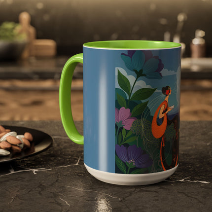 The Lady And The Sea Breeze Colorful Mugs – Art Deco Coastal Serenity