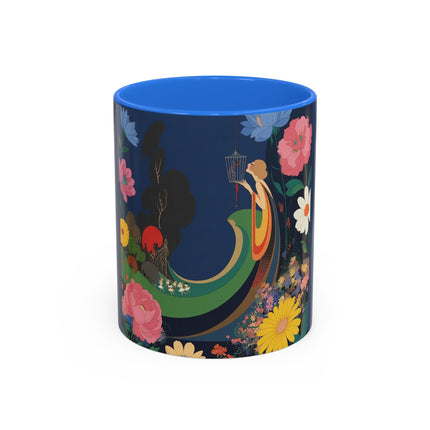 The Lady And The Crimson Moonbird Colorful Mugs – Art Deco Whimsical Garden Elegance