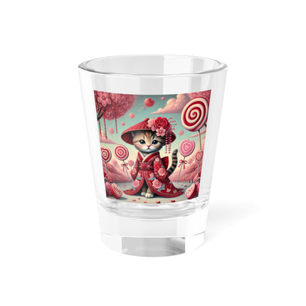 Whimsical Geisha Kitten in a Valentine Garden Shot Glass, 1.5oz