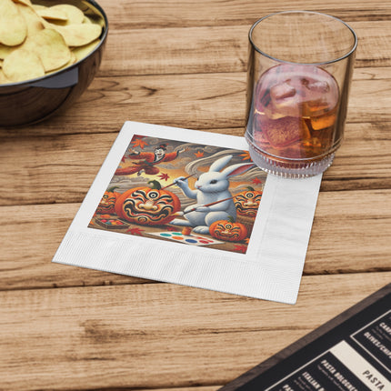 Halloween Rabbit’s Kabuki Jack-o’-Lanterns White Coined Napkins