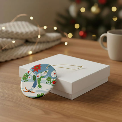 🎿❄️ The Winter Garden Skier Ceramic Ornament – Whimsical Holiday Fantasy