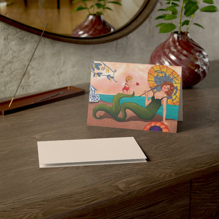 Mermaid with Parasol and Cupid by George Barbier Greeting Cards (1, 10, 30, and 50pcs)
