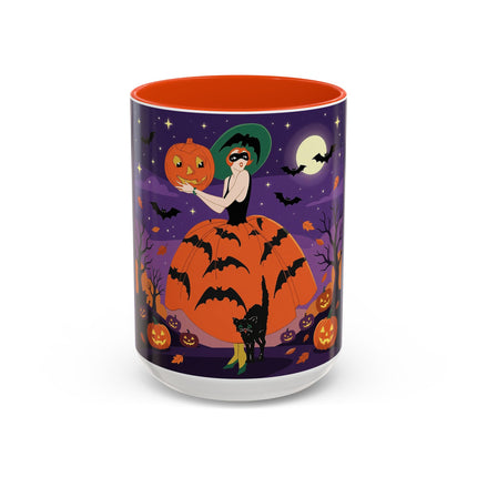 🎃🌕 The Pumpkin Moon Enchantress Colorful Mug – Elegant Halloween Masquerade