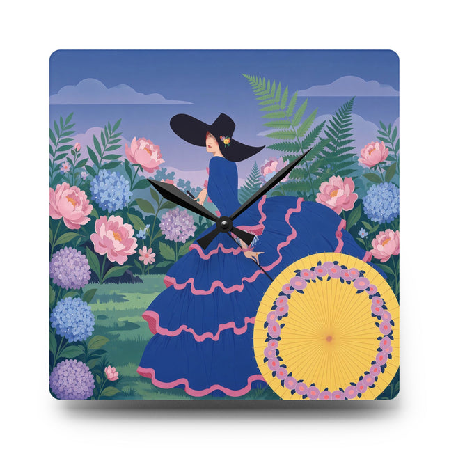 🌸☂️ The Lady In The Hydrangea Garden Acrylic Wall Clock – Art Deco Floral Elegance