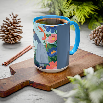 The Lady And The Mysterious Bird Colorful Mugs – Art Deco Botanical Mystery
