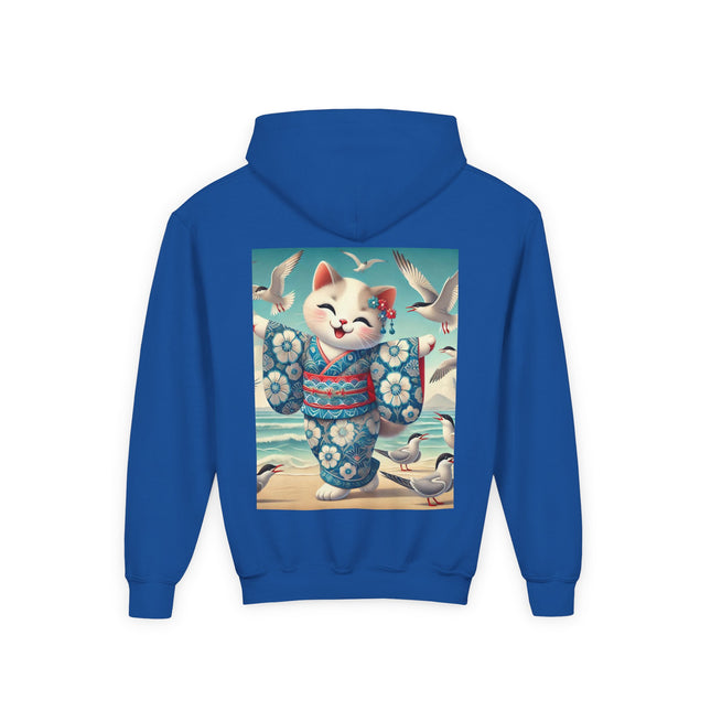 Geisha Kitten by the Seaside Youth Hooded Sweatshirt – Coastal Charm & Playful Style