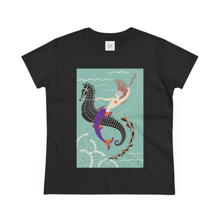 Mermaid on Seahorse Women's Midweight Cotton Tee – Dreamy Ocean Fantasy