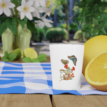 Blue Butterflies and Pomegranate by Maria Sibylla Merian Ceramic Shot Glass