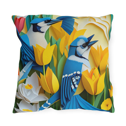 Blue Jays in a Spring Garden Outdoor Pillows