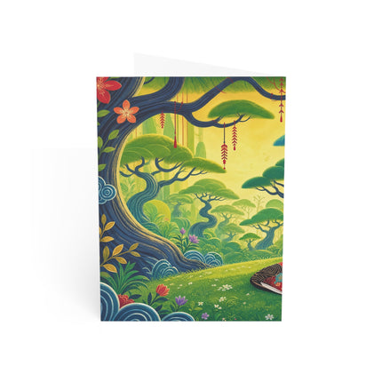 📖🌺 The Enchanted Garden Reader Kitten Greeting Card – Whimsical Japanese Garden