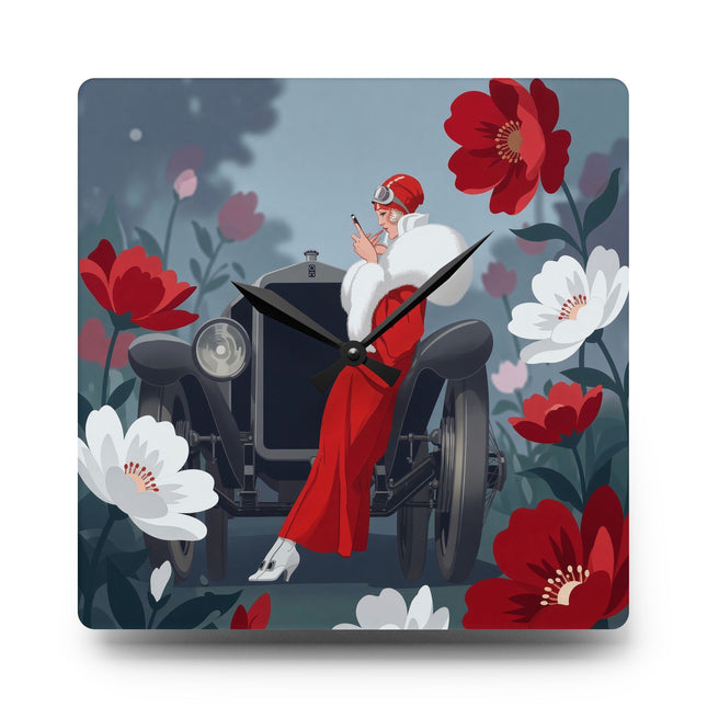 🚗🌺 The Lady Of The Scarlet Roadster Acrylic Wall Clock – Art Deco Motoring Elegance
