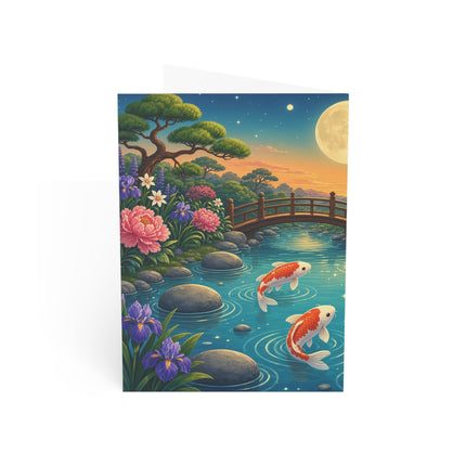 🌕🎸 The Moonlight Koi Serenade Kitten Greeting Card – Whimsical Japanese Garden