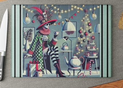 Whimsical Christmas Tea Party Glass Cutting Board