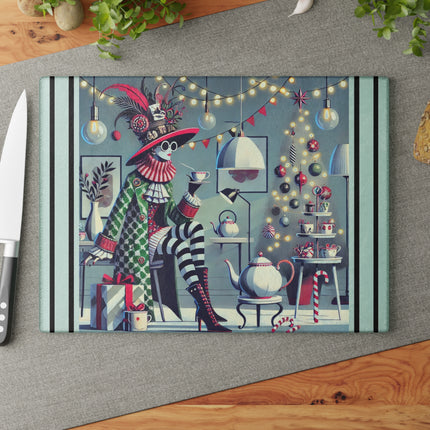 Whimsical Christmas Tea Party Glass Cutting Board