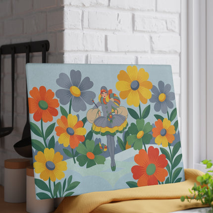 🌼❄️ The Lady Of The Winter Flower Garden Glass Cutting Board – Art Deco Holiday Fantasy