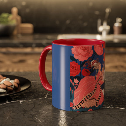 The Lady And The Scarlet Macaw Colorful Mugs – Art Deco Floral Elegance
