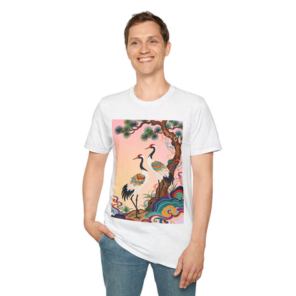 🐦🌸 The Enchanted Crane Garden Softstyle T-Shirt – Oriental Elegance & Colorful Harmony