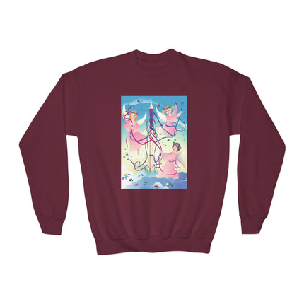 Angelic Revelry Youth Crewneck Sweatshirt – Celestial Joy & Whimsical Wonder
