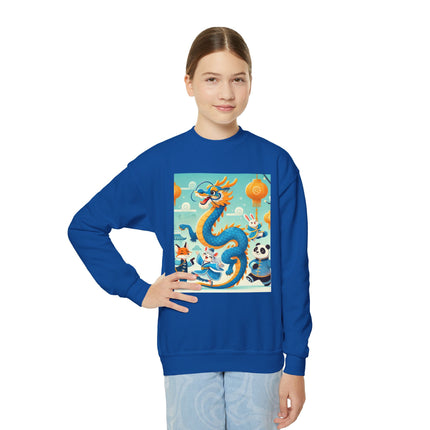 Blue & Gold Dragon Festival Parade Youth Crewneck Sweatshirt – Celebration, Color & Joyful Movement