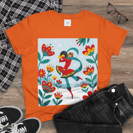 ⛸️🌺 The Winter Flower Skater Cotton Tee – Whimsical Winter Fashion