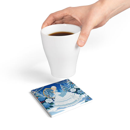 💙❄️ The Lady Of The Winter Looking Glass Ceramic Coaster – Art Deco Christmas Fantasy