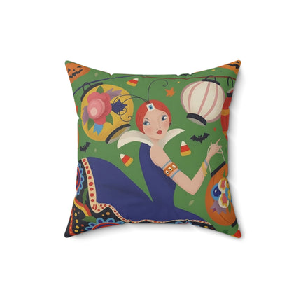 🏮🎃 The Lady Of Halloween Lanterns Square Pillow – Colorful Art Deco Halloween Charm