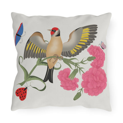 Goldfinch & Pink Flowers Outdoor Pillows – Vibrant Spring & Delicate Beauty