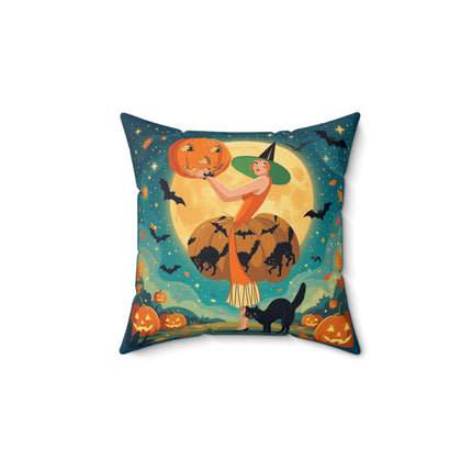 🦇🎃 The Witch Of Batwing Pumpkin Hollow Square Pillow – Moonlit Halloween Char
