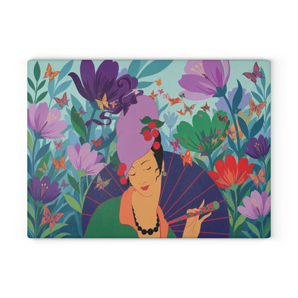 🦋🌺 The Butterfly Garden Dreamer Glass Cutting Board – Art Deco Floral Fantasy