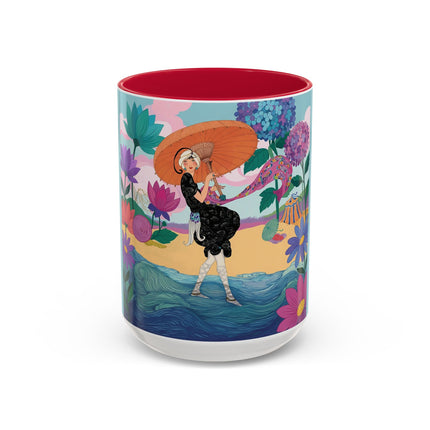 The Lady Of The Coral Parasol Colorful Mugs – Art Deco Coastal Elegance