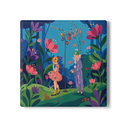 🌸🎈 The Garden Of Curious Companions Ceramic Coaster – Art Deco Floral Whimsy