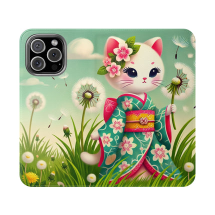 🌾🌼 Geisha Kitten and the Dandelion Wish Flip Case – Gentle Wishes & Quiet Wonder