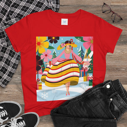 🎄🌸 The Christmas Blossom Belle Cotton Tee – Art Deco Holiday Whimsy