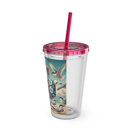 Geisha Kitten by the Seaside Sunsplash Tumbler with Straw, 16oz