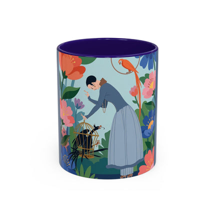 The Lady And The Mysterious Bird Colorful Mugs – Art Deco Botanical Mystery