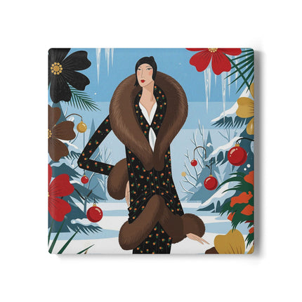 ❤️🌺 The Lady Of The Winter Garden Ceramic Coaster – Art Deco Winter Elegance