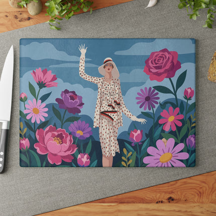 🌹☁️ The Lady Of The Rose Garden Glass Cutting Board – Art Deco Floral Fashion Elegance