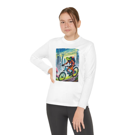 Cyberpunk Frog Youth Long Sleeve Competitor Tee – Neon Trails & Futuristic Adventure