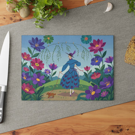 🌸🐕 The Lady Of The Flower Walk Glass Cutting Board – Art Deco Garden Elegance
