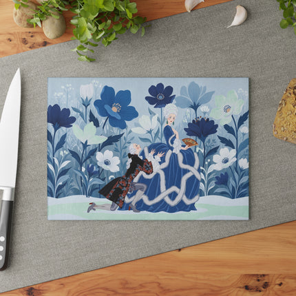 💙❄️ The Winter Courtship Glass Cutting Board – Art Deco Floral Romance