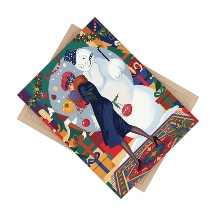 ☃️🌸 The Snowman's Christmas Companion Ceramic Tile – Art Deco Holiday Fantasy