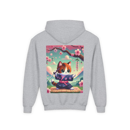 Samurai Kitten Youth Hooded Sweatshirt – Strength, Balance & Playful Courage