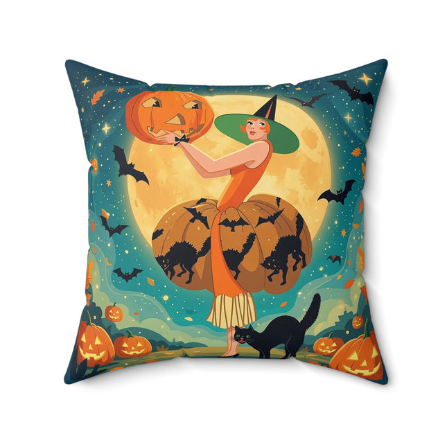 🦇🎃 The Witch Of Batwing Pumpkin Hollow Square Pillow – Moonlit Halloween Char