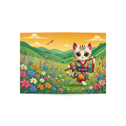 🐱🌼 The Wildflower Samurai Kitten Greeting Card – Whimsical Warrior Adventure