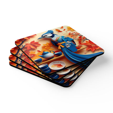 Blue Jay at an Autumn Tea Ceremony Corkwood Coaster Set