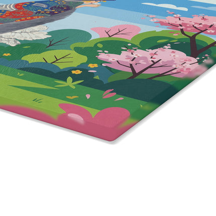 🦚🌸 The Peacock Garden Stroll Glass Cutting Board – Art Deco Fashion Elegance