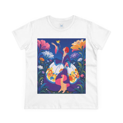 🐦🌸 The Enchanted Birdsong Cotton Tee – Art Deco Garden Whimsy
