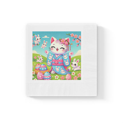 Springtime Kitten’s Easter Joy White Coined Napkins