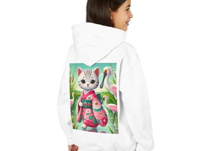Geisha Kitten Strolls Among the Spoonbills Youth Heavy Blend Hooded Sweatshirt